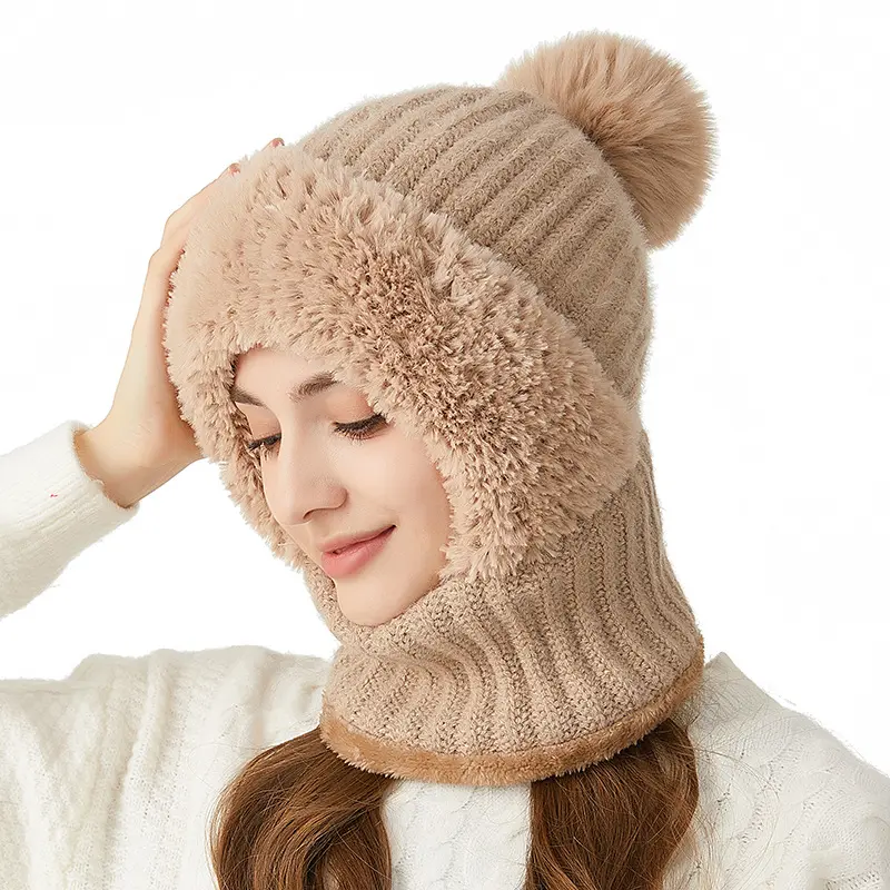 BIGWIG women's knitted beanie, fleece-lined winter scarf, face mask set, snow hat, plush earmuffs, three-in-one beanie, scarf, fleece-lined hood, face mask, windproof and warm, a must-have for winter sports