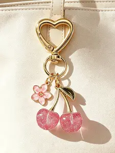 Cherry Bag Charm, Sakura Flower & Glitter Cherry Heart Keychain, Elegant Car Key Ring, Perfect Gift for Mom, Wife, Sister