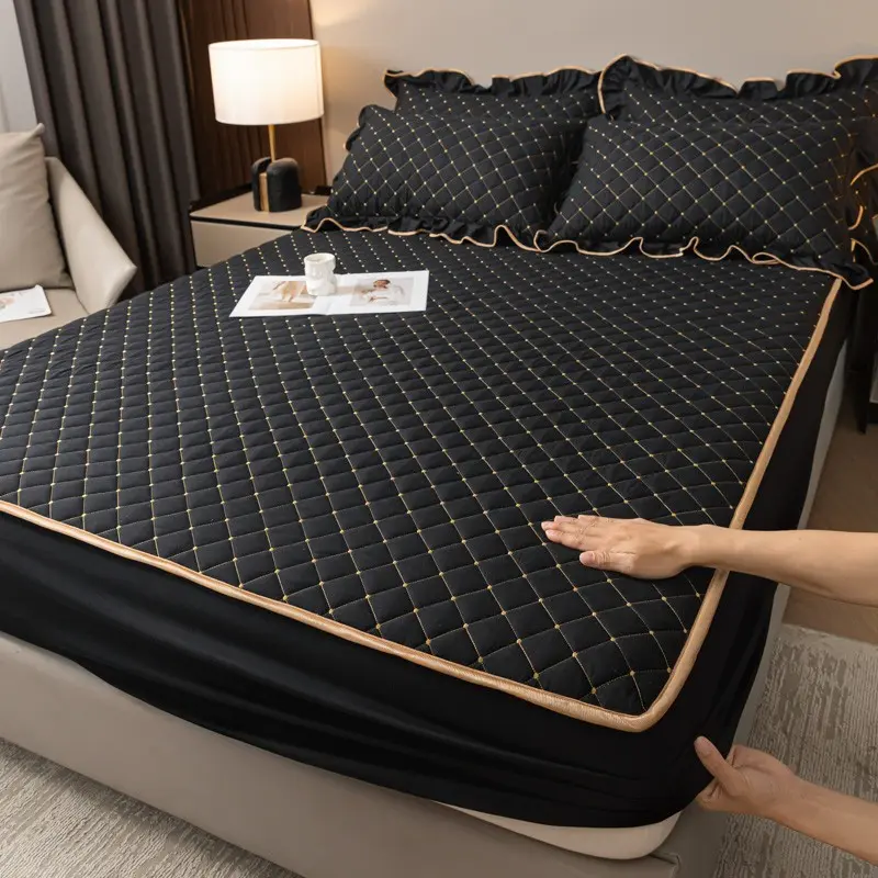 3pcs Pure Color Quilted Bedding Set, Includes 1 Fitted Sheet & 2 Pillowcases, Soft Breathable Mattress Protector, Breathable Sheets, Bedsheet, All Seasons Use, Bedset, Bedding Essentials