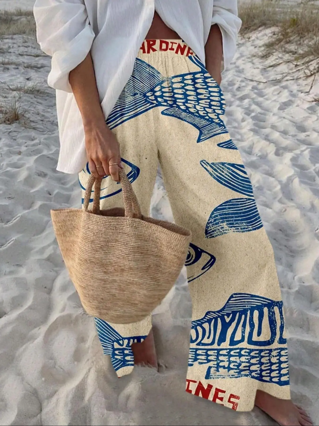 Women's Fish Print Pocket Wide Leg Pants, Bohemian Style Pants, Casual Bohemian Trousers, Boho Fashion Casual Comfy Trousers for Daily Holiday Vacation Wear, Ladies Bottoms for Summer