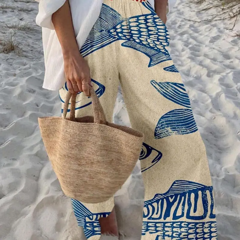 Women's Fish Print Pocket Wide Leg Pants, Bohemian Style Pants, Casual Bohemian Trousers, Boho Fashion Casual Comfy Trousers for Daily Holiday Vacation Wear, Ladies Bottoms for Summer