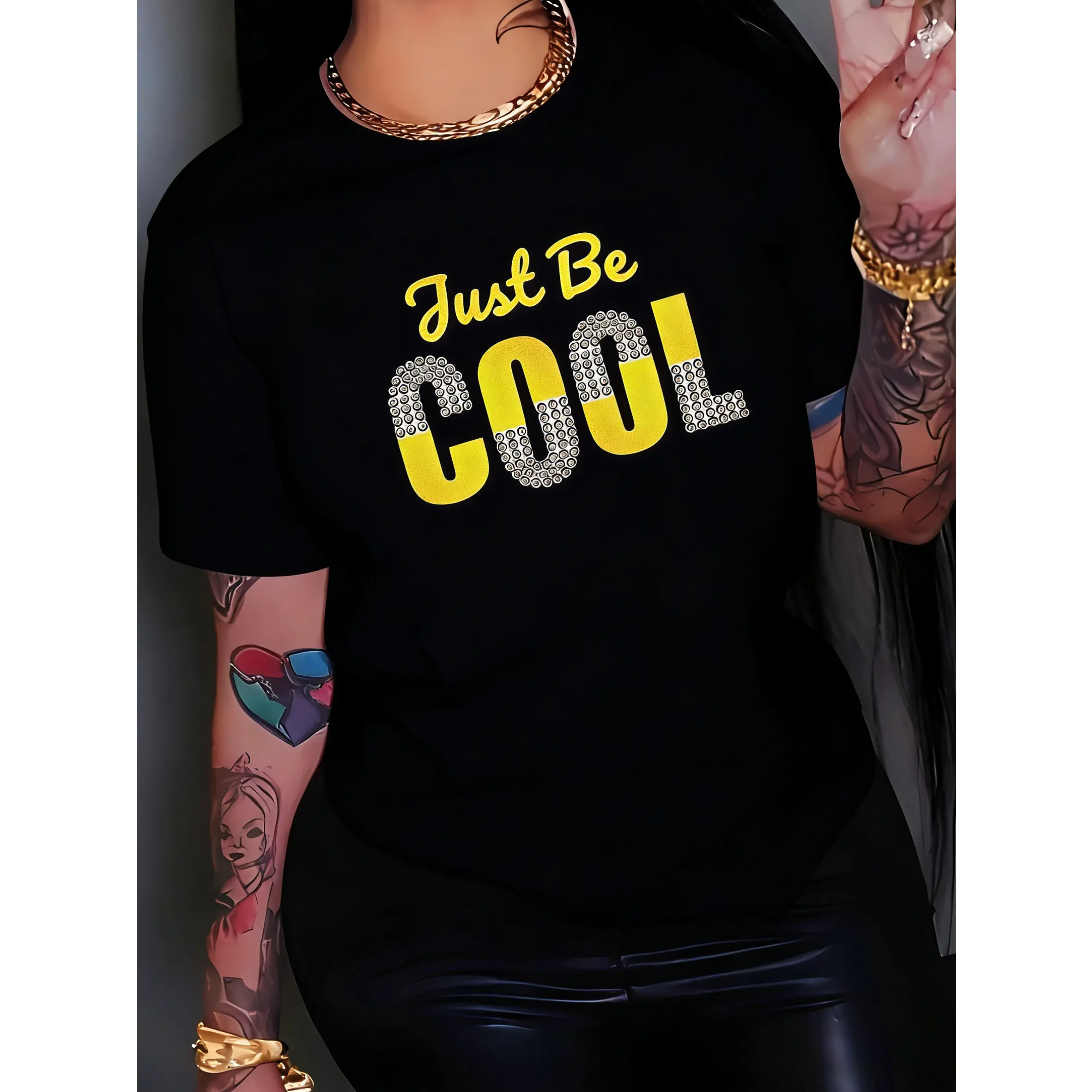 Women's 100% Smooth Cotton Shortsleeve Graphic T-Shirt - White, Basic Fit, Oversized Streetwear with Yellow and Silver Decorative Text, Trendy Casual Wear, Ideal Gift for Friends