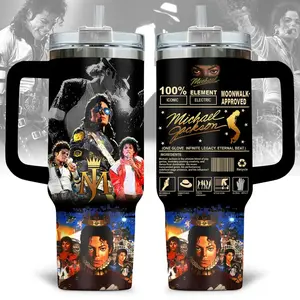 MJ King of Pop 40oz Tumbler With Handle, Music Legend Travel Mug, Moonwalk Aesthetic Insulated Cup Gift