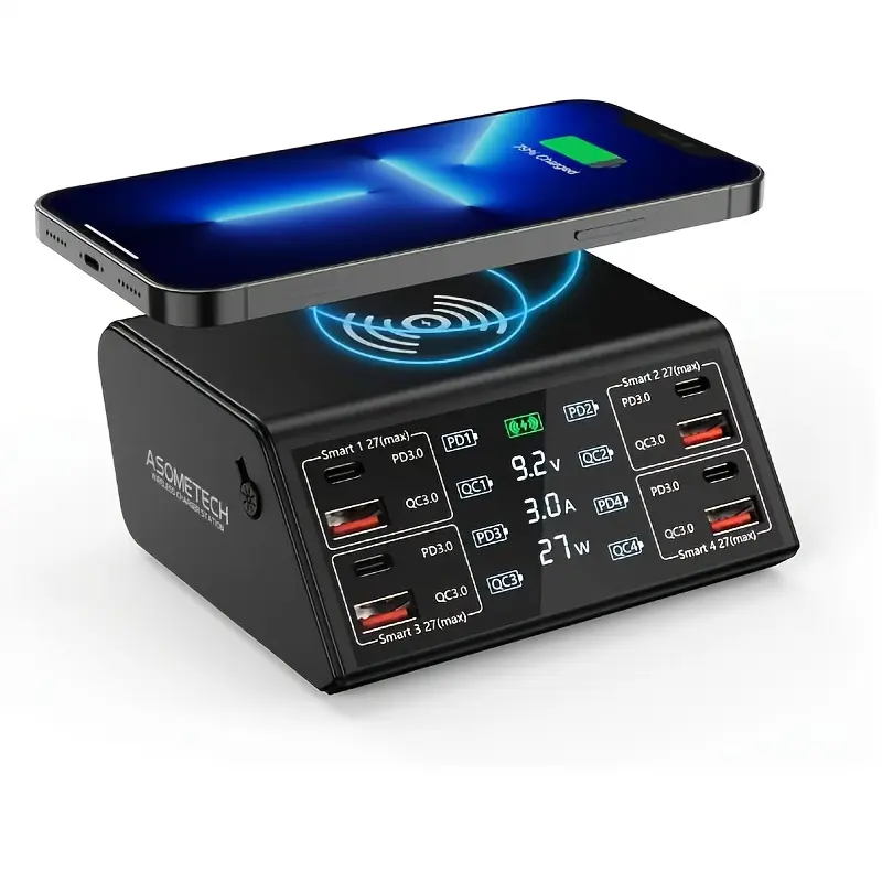 100W 8-Port Fast Charging Block - Travel Charger Block with 15W Wireless Charger, 4 PD 27W + 4 QC Super Fast Charging, Smart LED Display for Smartphone, Cellphone, Home & Office