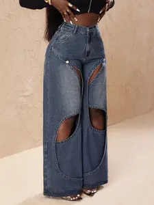 American Style Sexy Hollow Out Wide Leg Jeans, High Waist Distressed Wash Design, European and American Fashion Sensual Long Pants