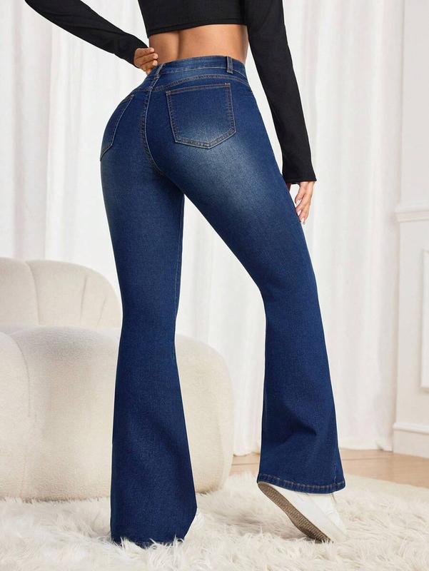 Women's Winter/Fall Pocket Flare Casual Versatile Jeans, Going Out Winter Jeans, Warm Thermal Lined Low-Rise Dark Blue Distressed Flared Pants