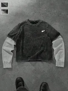 Men's Washed Cotton Mock Two-Piece Round Neck Long Sleeve Fitted Tee, with Star Print Design, a Casual and Trendy All-season Wardrobe Essential