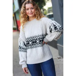 Ready For Anything Taupe & Black Tassel Aztec Sweater
