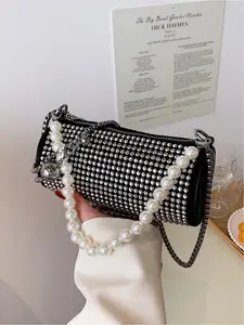 Elegant Rhinestone Design Handbag, Versatile Round Tube Bag, Simple Lady Shoulder Crossbody Bag, Stylish and Practical Accessory