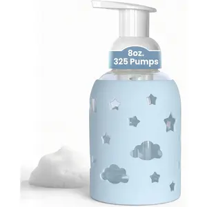 Foaming Hand Soap Dispenser Glass, Liquid Soap Pump with Cloud & Star Sleeve, Refillable Bottle for Kids, Baby Wash & Shampoo, Ideal for Bathroom & Kitchen Use, Light Blue, 8oz