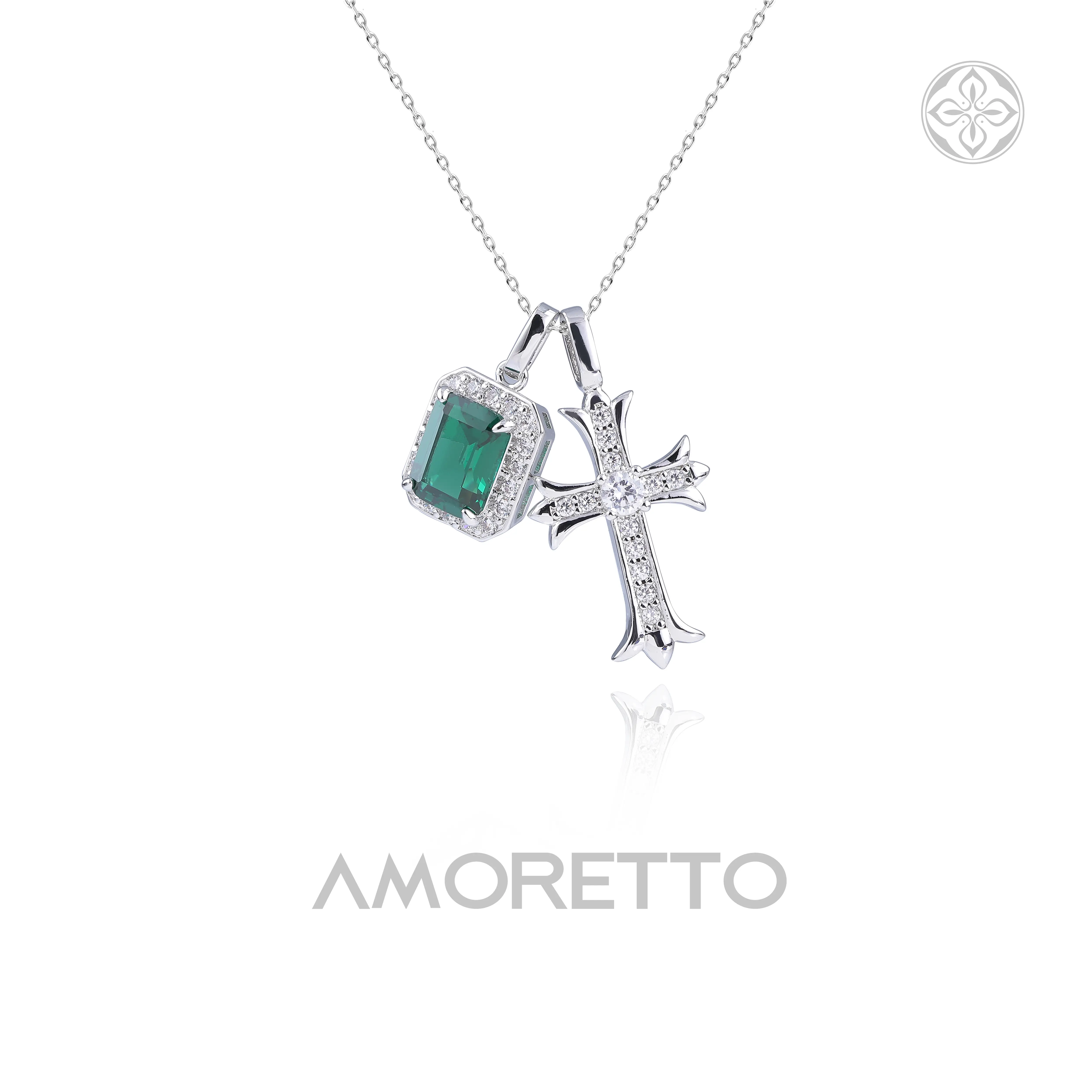 Amoretto Vintage Emerald Green Cross Pendant Necklace Silver Tone Medieval Gothic Statement Charm Necklace for Women Elegant Renaissance Jewelry Gift