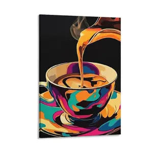 Colorful abstract coffee pouring canvas wall art, 2D HD print pop art kitchen poster, framed/unframed wall decor for home, modern coffee lover artwork, great home decoration gift
