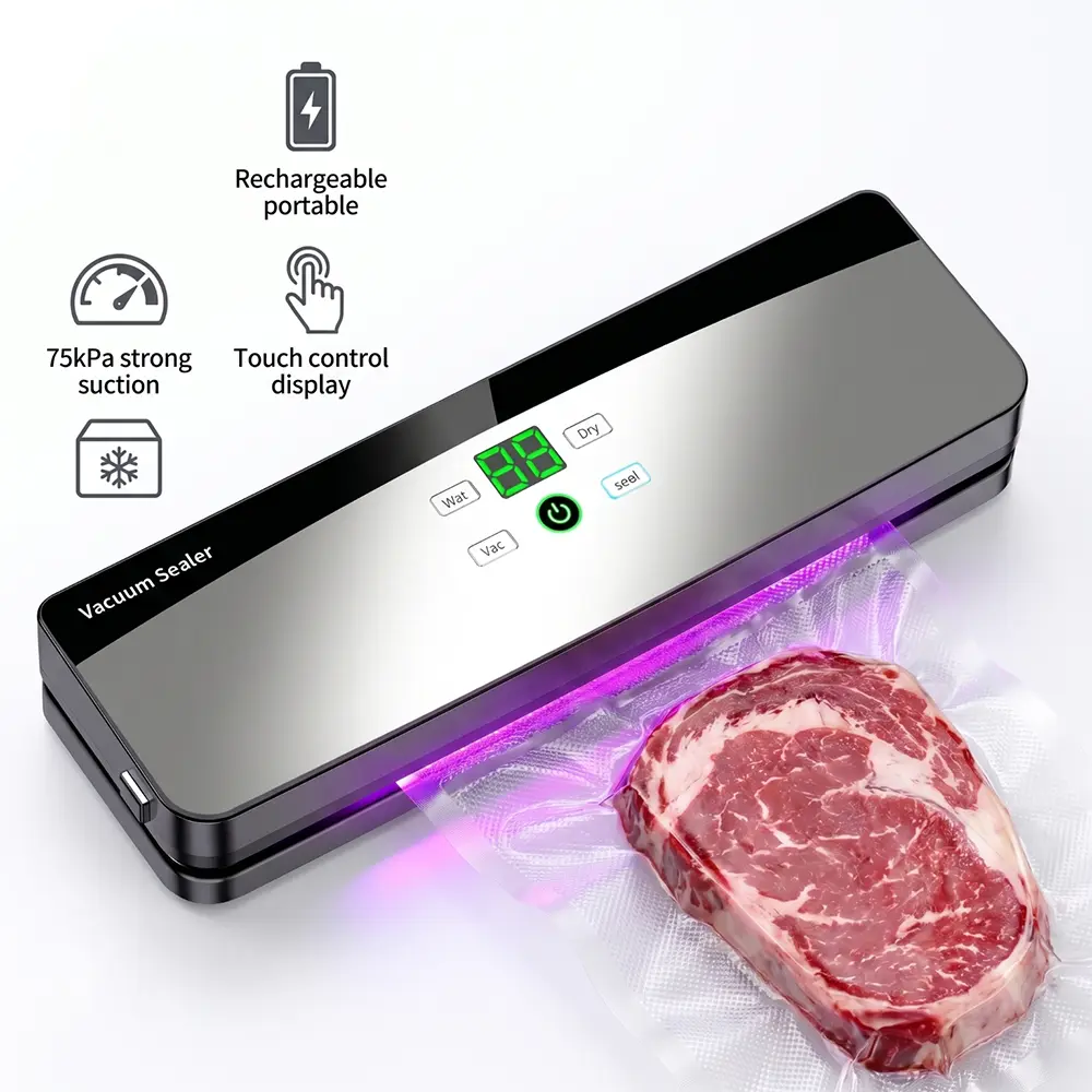 Rechargeable Portable Vacuum Sealer Machine, 75kPa Powerful Suction Dry & Wet Mode Touch Control Food Sealer with UV Sterilization for Meat, Meal Prep, Long-Term Food Storage