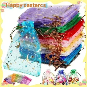 50pcs Mixed Color Moon & Star Organza Drawstring Bags, Transparent Jewelry Gift Pouches for Wedding Party Valentine Christmas Gifts, Party Gift Packs