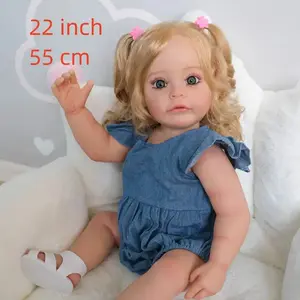 Reborn doll 22 inches 55 cm realistic baby doll with full hair, handmade 3D painting on vinyl, blue dress with ruffles, white sandals, perfect for collectors and play sets sonny angel silicone baby dolls mold mouth