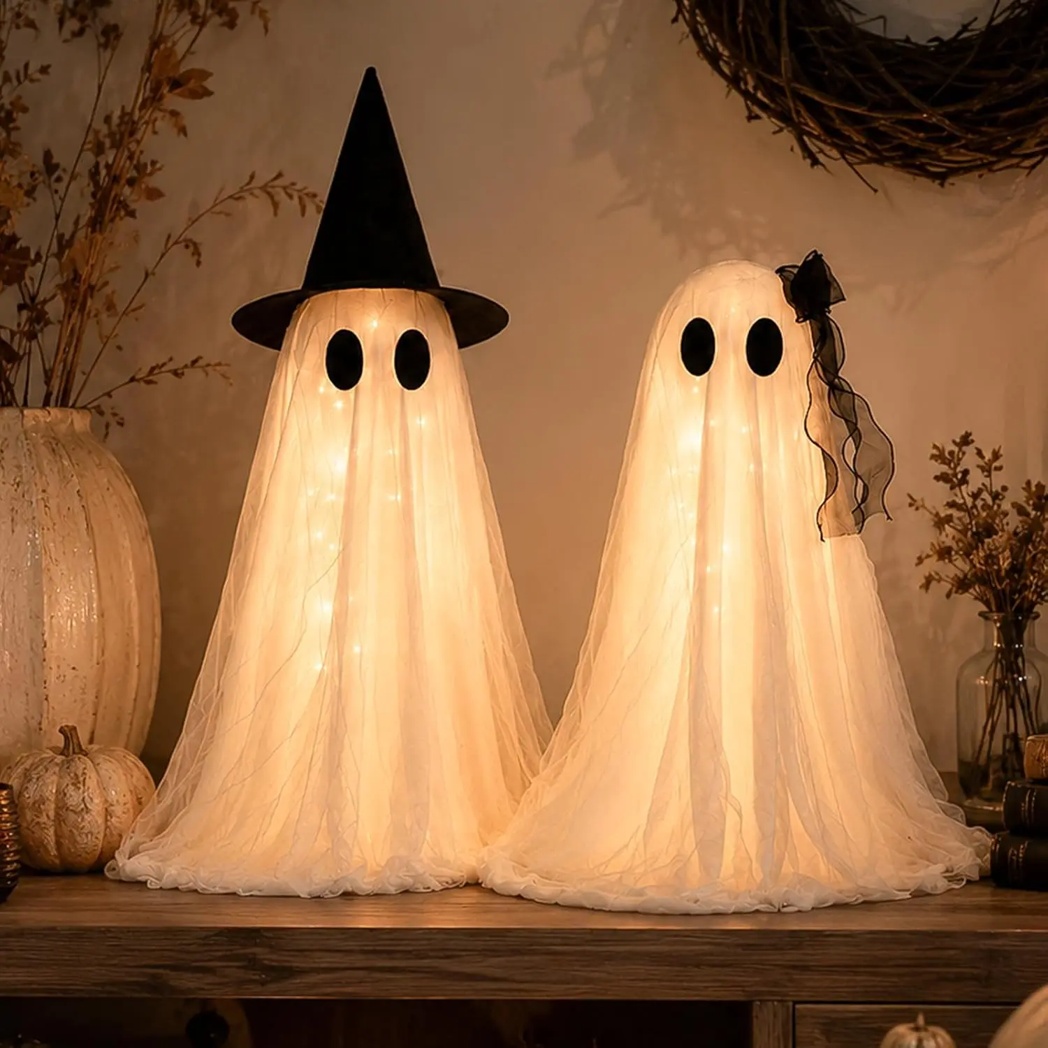 2-Pack Spooky Halloween Indoor Ghost Decor Kit - Home Decor, Art Deco Home Supplies with 2 Ghosts, Upgraded Fabric, Timer Remote Control, Dry Battery Power, Easy Install for Indoor Table, Cabinet