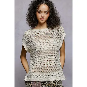 POL Openwork Round Neck Crochet Top