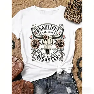 Women'S Western Cowboy Graphic T-Shirt - Black Short Sleeve Crew Neck Top With Bull Skull & Floral Design, "" Vintage 2008 Text, Casual Spring/Summer Tee For Outdoor & Casual Attire T-Shirt For Men And Women.
