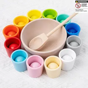 Wooden Color Sorting Ball & Cup Toy Set, Twelve Colors, Hand-Eye Coordination Cognitive Development, Christmas Gift Idea, Learning Materials