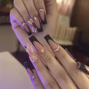 French Edge Nail Art Set, Nail Art Design, Includes Diamond Butterfly Press-On Nails & Jelly Glue, Perfect for Festive, Daily, School, Office, Party Use