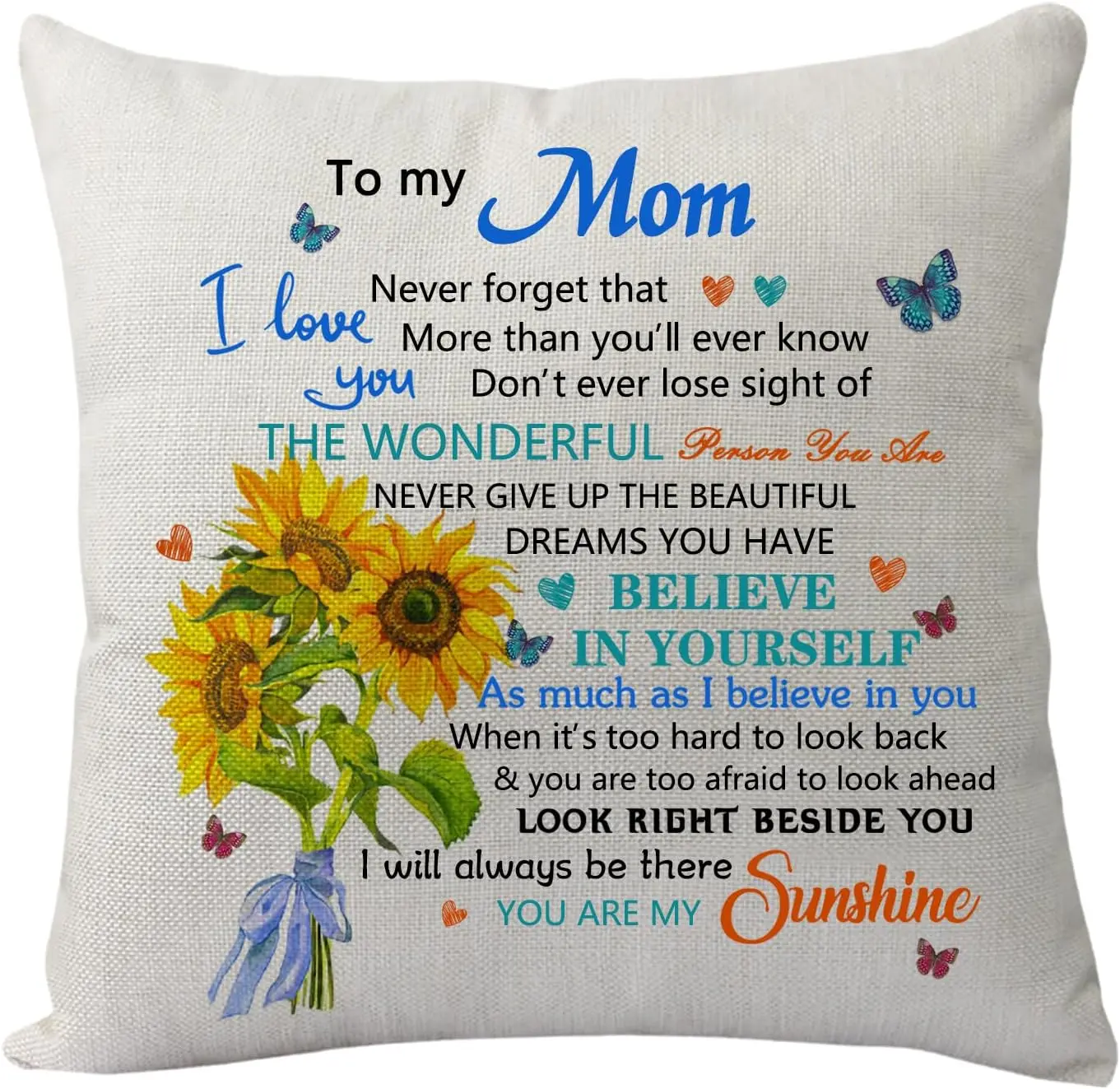 Inspirational Mom Gifts Pillowcase from Daughter or Son - "Never Forget That I Love You" Funny Mama Cushion Cover for Mother's Day, Birthday