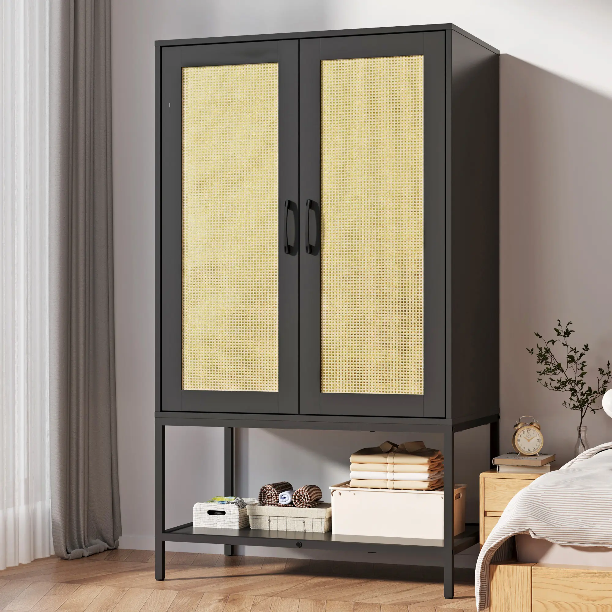 Modern Wood Armoire Wardrobe - Freestanding Cabinet with 2 Rattan Doors, Open Storage, Space-Saving Closet Organizer, Durable, Easy Assembly, 15 - 20 Kg Single Unit, Assembly Required (Suitable for Kitchens), Wood Wardrobe Cabinet, Wood & Metal