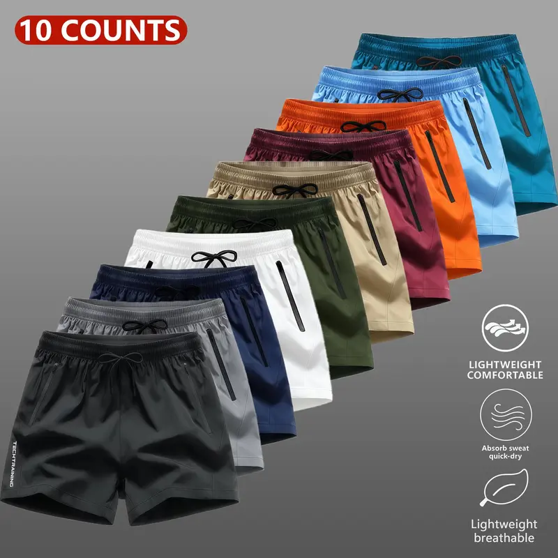 Men's 3-Pack Active Athletic Tech Shorts, Lightweight Sweat-Wicking Quick-Dry Bottoms with Zip Pockets, Drawstring Tie for Gym, Year-Round Wear