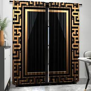 2-Piece Gold-Trimmed Geometric Pattern Light Filtering Curtains, Rod Pocket Design, Ideal for Bedroom Living Room Office Sunroom, Window Curtain