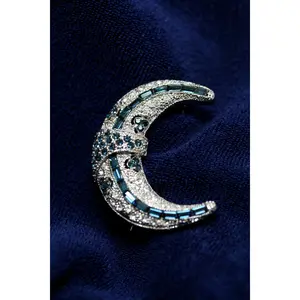Blue Rhinestone Crescent Moon Brooch, Blue moon Pins, Old Fashion Moon Pin, Crystal Moon Brooches