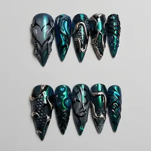Emerald Green Snake Press On Nails Dragon Scale Chrome Stiletto Dark Fantasy Handmade Statement Nails Set