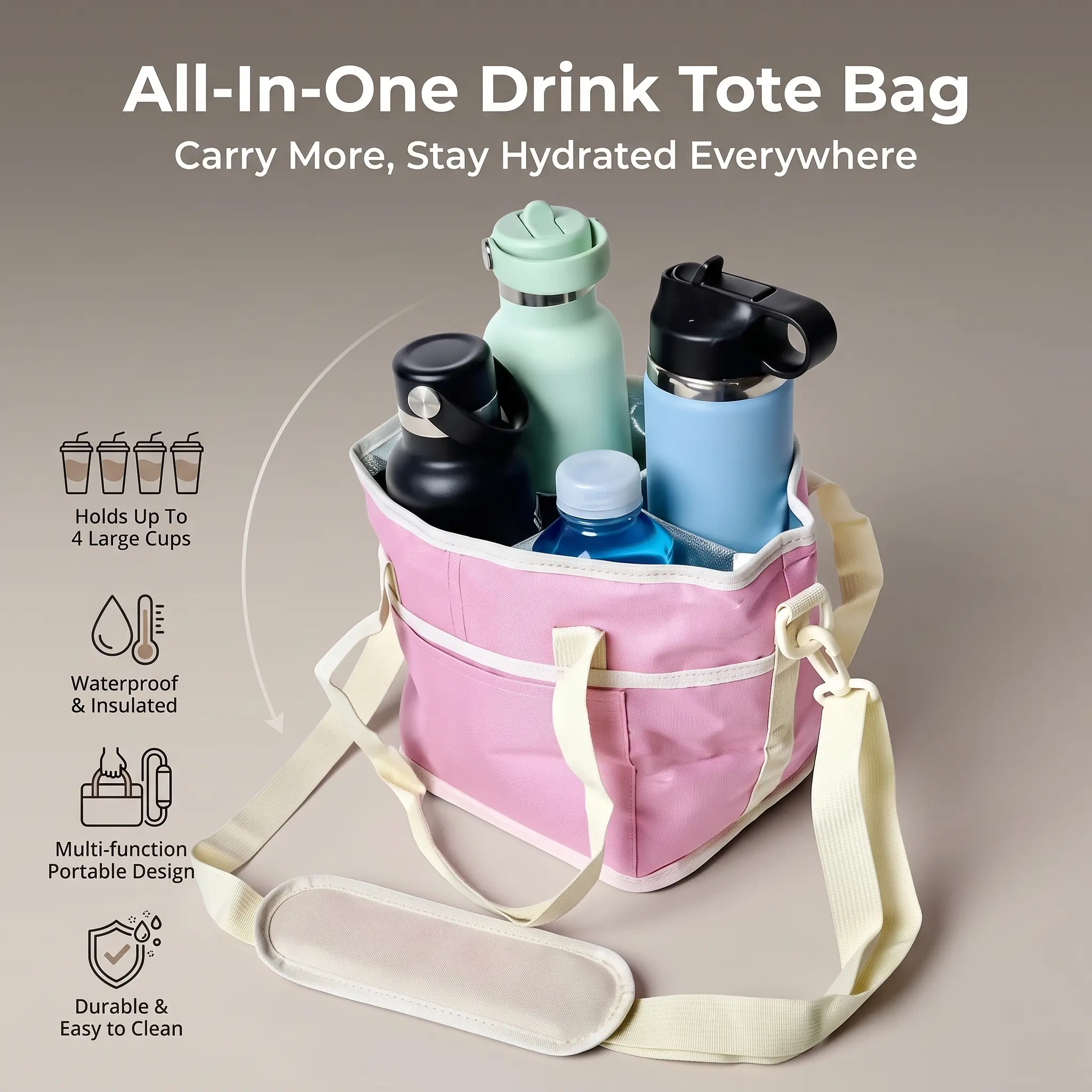 [Upgraded Thickened Model]  4-Compartment Insulated Family-Size Drink Carrier Bag with Adjustable Strap, Home Organizer Storage Bag for Tumblers, Water Bottles, Cups, Camping Gear, Beach Necessities
