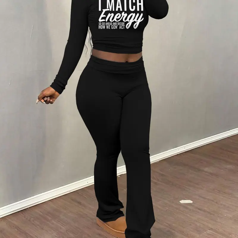 Women's Letter Print Crop Tee & Flare Leg Pants Two-Piece Set, Co Ord Sets, Casual Outfit Set, Casual Fashion Round Neck Long Sleeve Top & Bell Bottom Trousers for Daily Outdoor Wear, Women's Clothing for Fall & Winter