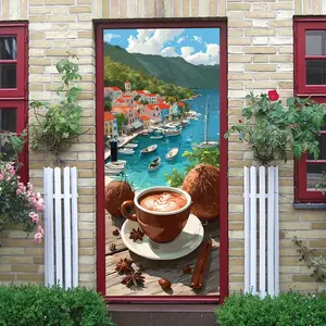 2pcs Mediterranean Style Port Town Wall Stickers Warm Living Room Decorative Stickers Self Adhesive Removable Wallpaper Murals Seaside View House Wall Decals Bedroom Dining Room Background Wall Art Deco