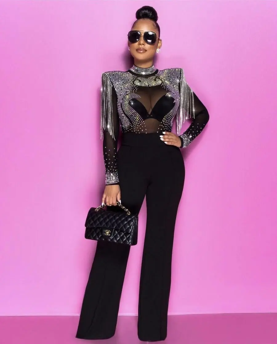 Rhinestone Jumpsuit With Shoulder Pads - Mono/ Romper Con Pedrería & Hombreras