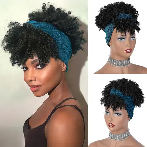 NAYASA Women's Black Pre Styled Short Afro Kinky Curly Synthetic Machine Wig with Bangs, 2-in-1 Drawstring Ponytail & Headband Head Wrap Extensions for Prom, Concerts, Gifts