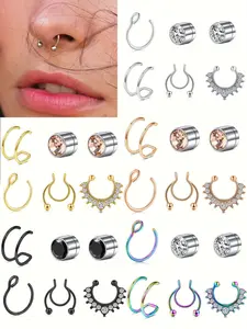 6pcs Fake Nose Ring Set for Women & Men, Clip-On Faux Nose Piercings, Non-Piercing Septum Cuffs, Stylish Lip Rings Accessory, Spiral Nose Ring