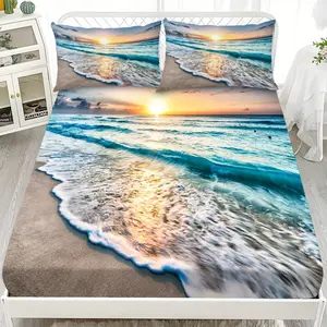 3pcs Ocean Sunset Print Bedding Set - Realistic Style, All-Season Comfort, Polyester Fabric, Machine Washable, Perfect for Hotel, Bedroom, Guest Room, Ideal Gift, Mattress Protector, Bed Sheet Sets (1 King Size Sheet + 2 Pillowcases, No Insert)