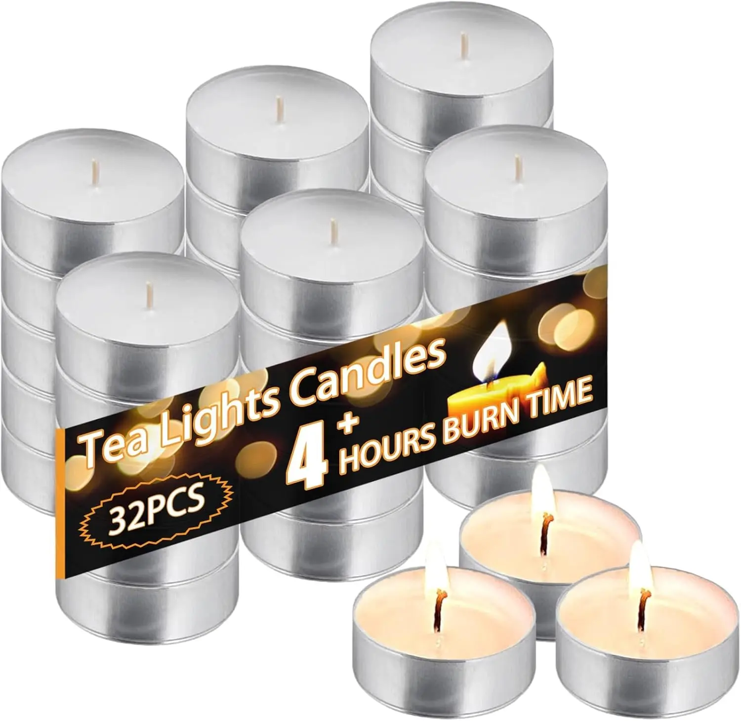 Tea Light Candles 32Pcs, 4 Hour Long time Burning, Bulk White Unscented Smokeless Tea Candles for Home, Shabbat, Weddings, Events, Emergencies (32Pcs-White)
