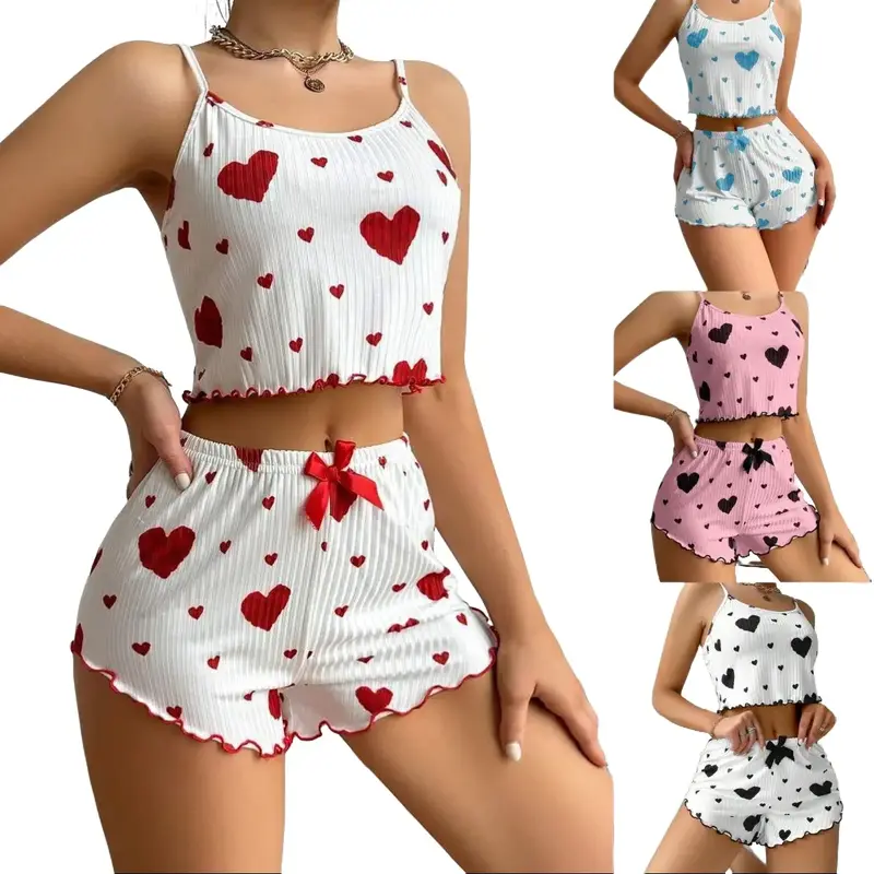 Women's 2-Piece Breathable Knit Cotton Blend Cami Top & Shorts PJ Set - Everyday Fabric, Ribbed Spaghetti Strap, Ruffle Detail, Heart Print Casual Sleepwear