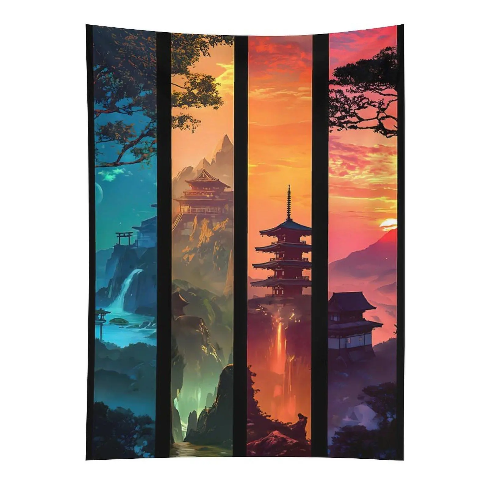 Polyester Rectangle Japanese Landscape Panel Tapestry - Classic Decorative Wall Hangings for Everyday Home Decor, Pagoda Waterfall Sunset Design