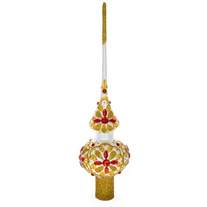 Red Jeweled Stars on Gold Pattern on White Mouth Blown Glass Christmas Tree Topper 11 Inches