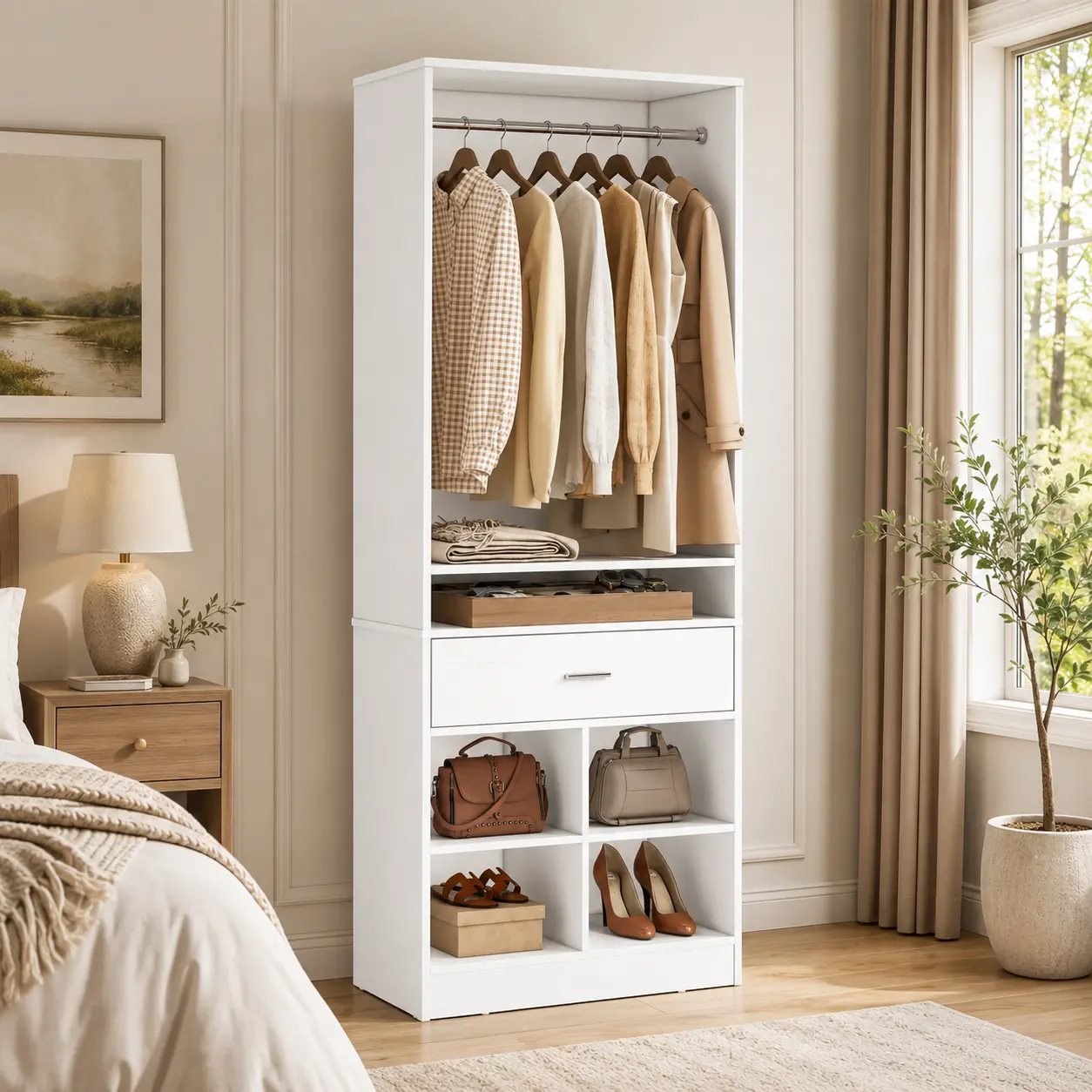 Homieasy Freestanding Closet System with Wood Drawer and 4 Cubby Storage, Closet Organizer with Hanging Rods & Shelves, 25" W X 80" H Clothes Garment Rack, Walk in Closet Tower Wardrobe
