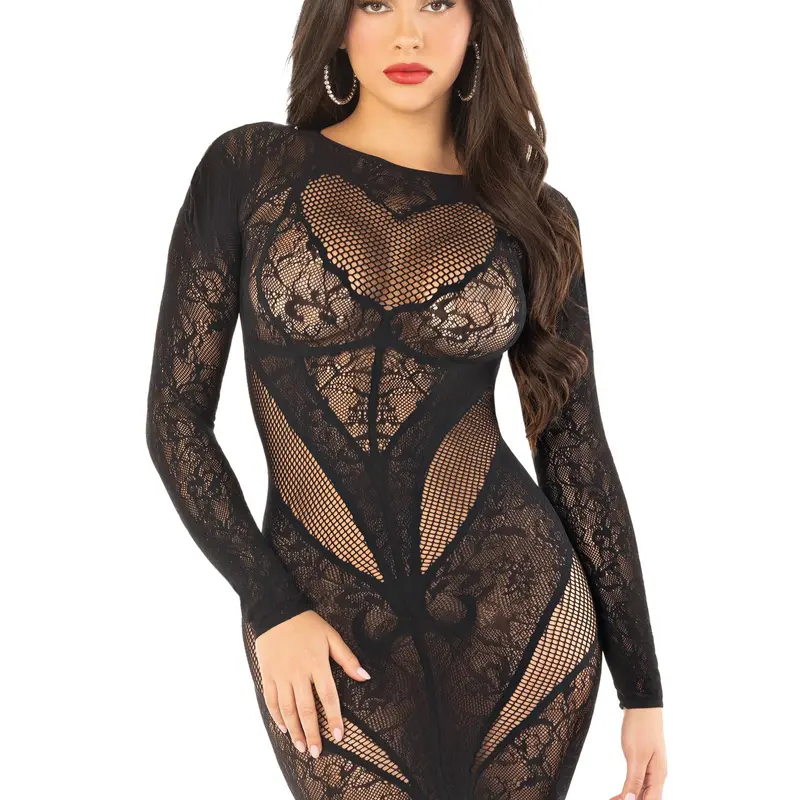 Sweet Seduction Lace Body Con Maxi Lingerie Dress for Bedroom Leg Avenue Sexy and Comfortable Stretchy Gown