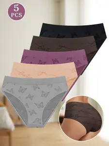 5Pcs Women's No Show Invisible Bikini fashion Underwear Soft Breathable Panties Butterfly print briefs thong outfits Fabric Lingerie Seamless Design Cute Everyday Fitted Womenswear Knit Cute Knit Cute Knit Cute Knit