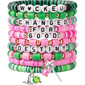 Wicked Merch Friendship Bracelets Set – 10Pcs Stretchy Green & Pink Beaded Bracelets, Wicked Gifts to Share, Birthday Party Favors, Musical-Themed Accessories