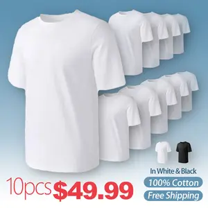 10-Pack Solid Color Heavyweight 100% Cotton Short Sleeve T-Shirts, Unisex Casual Loungewear, Breathable Soft Basic Tees for Daily & Home Wear