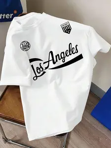 Men's Summer Casual Short Sleeve T-Shirt, Thin Fit Sports Basketball Top, Los Angeles Letter Print, Trendy Versatile Tee, Athletic Sports Clothing