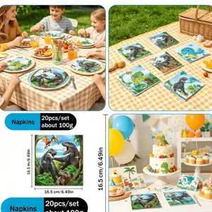 Dinosaur Themed Paper Napkins 20pcs, Kids Birthday Party Disposable Napkins, Jungle Dinosaur Print, Boys' Jurassic Theme Decorations