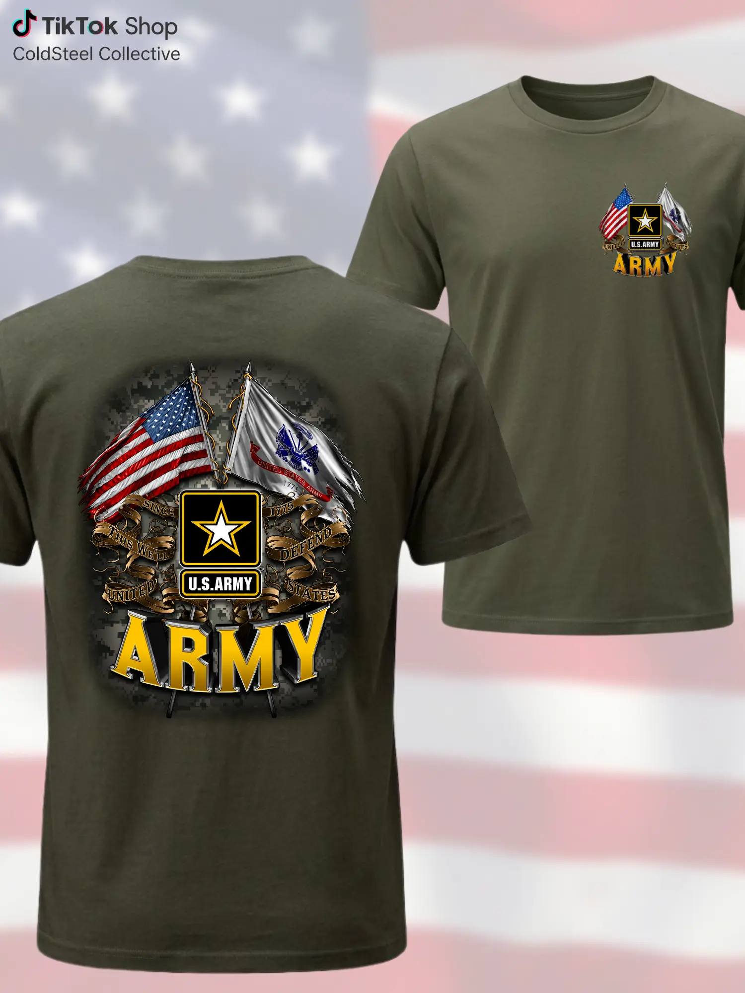 Men's U.S. Army Patriotic 100% Pure Cotton Short-Sleeve Round Neck Classical Cut Tee, Year-Round Top with 2-Sided Digital American Flag Soldier Prints, Veteran Military Gift, Casual Menswear