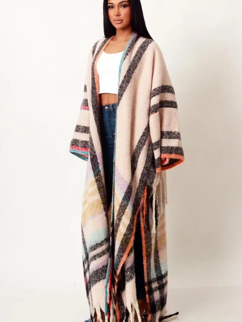 New Arrivals - Multi Color Plaid Blend Open Front Long Cardigan (Cream)